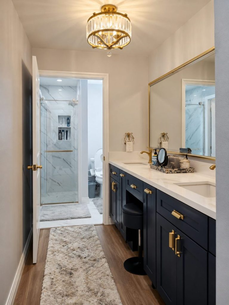 Custom bathroom renovation in San Diego with navy blue vanity cabinets, quartz countertops, gold hardware, and a walk-in shower by Y9 Construction.