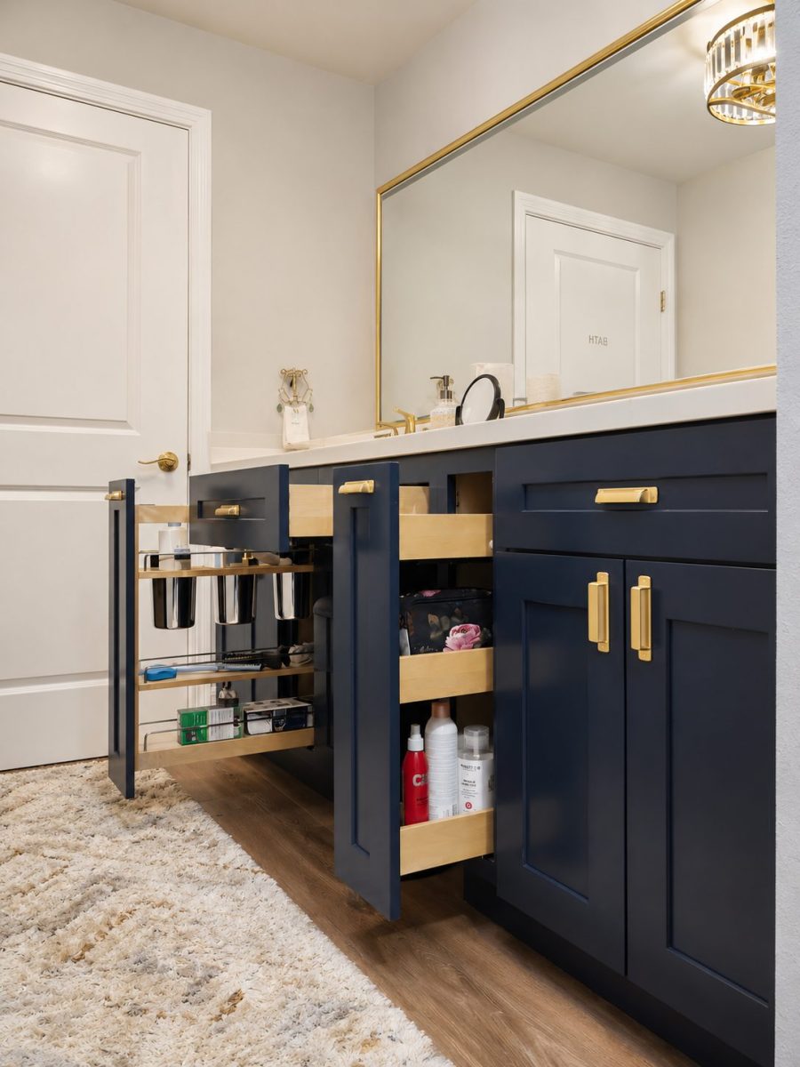 Custom bathroom cabinets with pull-out storage solutions, soft-close drawers, and premium finishes installed by Y9 Construction in San Diego.